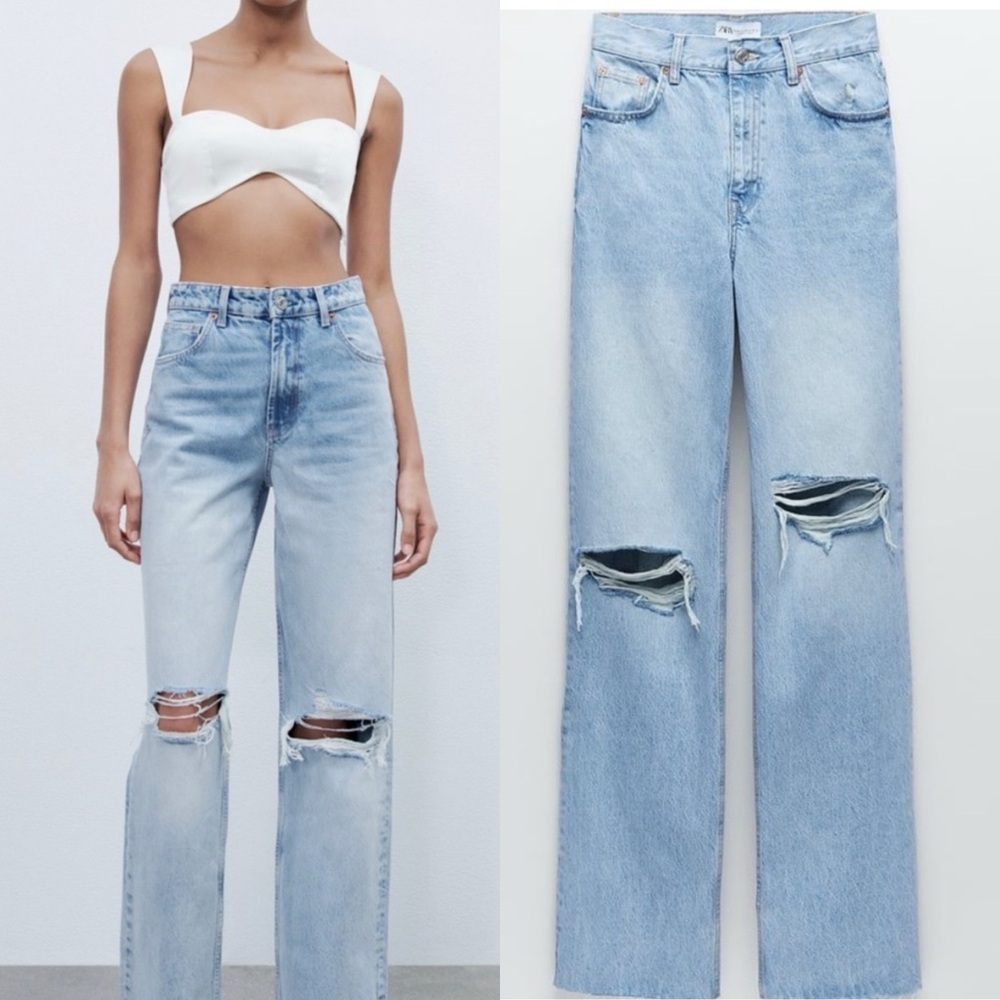 Zara Ultra High Rise Ripped Jeans Light Wash - Picture 4 of 10